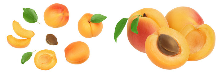 apricot fruit with half and slices isolated on white background. . Top view. Flat lay