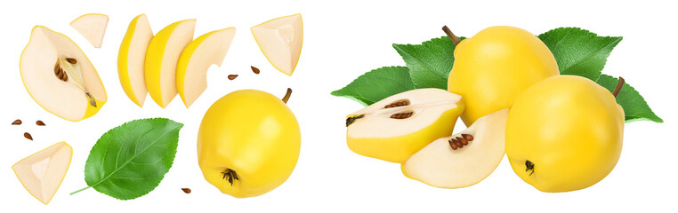 Fresh quince with half and slices isolated on the white background. Top view. Flat lay