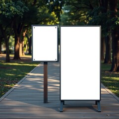 In front of a wooden footpath billboard, a blank mockup display, an empty poster advertising, and a blank vertical information sign on a wooden stand in a park