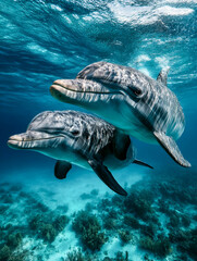 A couple of dolphins captured in crystal-clear underwater