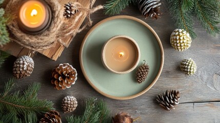 Centerpiece with Burning Candles, Pine Cones, and Evergreen Sprigs on Wooden Table