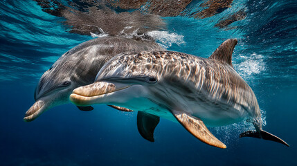 A couple of dolphins captured in crystal-clear underwater