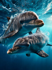 A couple of dolphins captured in crystal-clear underwater