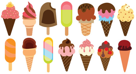 Summer Ice Cream icon Vector Pack – Cones, Popsicles & Summer Treats, Assorted Flavors, Toppings & Snacks in Modern Illustration Style