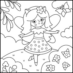 Vector black and white square background with deer fairy. Fairyland landscape line illustration. Scenery with magic princess, meadow, sky. Fantasy nature scene illustration, coloring page