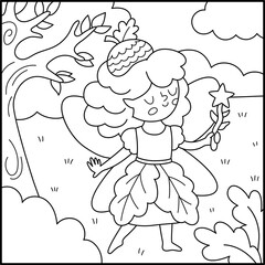 Vector black and white square background with acorn fairy. Fairyland line landscape illustration. Cute scenery with magic princess, meadow, sky. Fantasy nature scene illustration, coloring page