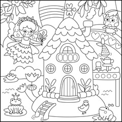 Vector black and white square fairyland background with swamp fairy, house, reeds. Magic land line landscape. Woodland scenery with princess. Fantasy forest scene illustration, coloring page