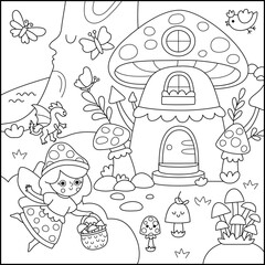 Vector black and white square fairyland background with mushroom fairy, house, bird. Magic land line landscape. Woodland scenery with princess. Fantasy forest scene illustration, coloring page