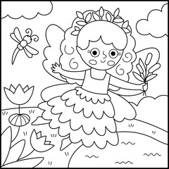 Vector black and white square background with swamp fairy. Fairyland line landscape illustration. Cute scenery with magic princess with wings, lake. Fantasy nature scene illustration, coloring page