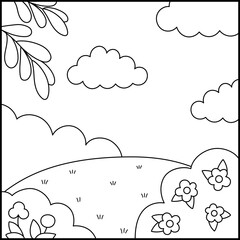 Vector black and white square nature backgrounds. Country, farm or village line landscape. Cute scenery with meadow, tree, bushes, sky, flowers. Forest or woodland scene illustration, coloring page