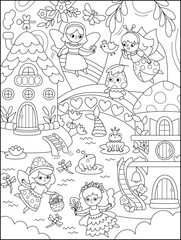 Vector black and white vertical fairyland background with swamp fairy, houses. Magic land line landscape. Woodland scenery with enchanted forest. Fantasy scene illustration, coloring page
