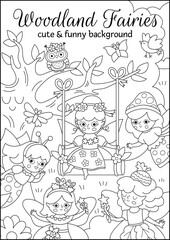 Vector black and white scene with woodland fairies. Fairyland line landscape illustration. Background, coloring page, book cover for kids with magic forest creatures. Funny fairytale scene
