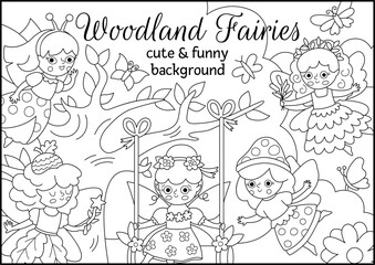 Vector black and white scene with woodland fairies. Fairyland line landscape illustration. Background, coloring page, book cover for kids with magic forest creatures. Funny fairytale scene