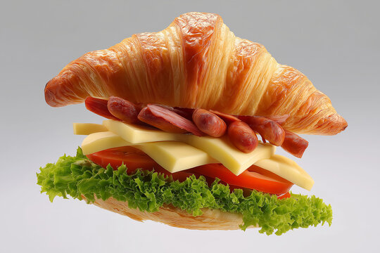 Photo of a CROISSANT with filling, front view in motion each layer falls on the next: each layer flies over the following: On top - the TOP of the cut croissant. Below - a layer of mayonnaise - croiss