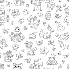 Vector black and white magic creature seamless pattern. Line repeat background with fairytale characters. Woodland fantasy animal digital paper. Forest fairy tale coloring page