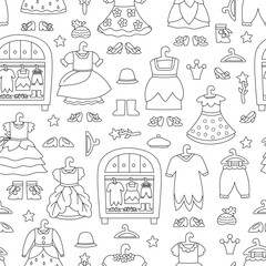 Vector black and white fairy wardrobe seamless pattern. Line repeat background with girl dresses, shoes, hats, boots. Woodland princess clothes digital paper. Magic, fantasy coloring page