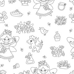 Vector black and white berry fairy seamless pattern. Line repeat background with girl. Woodland princess digital paper. Fantasy forest, magic garden coloring page with butterfly, dragon