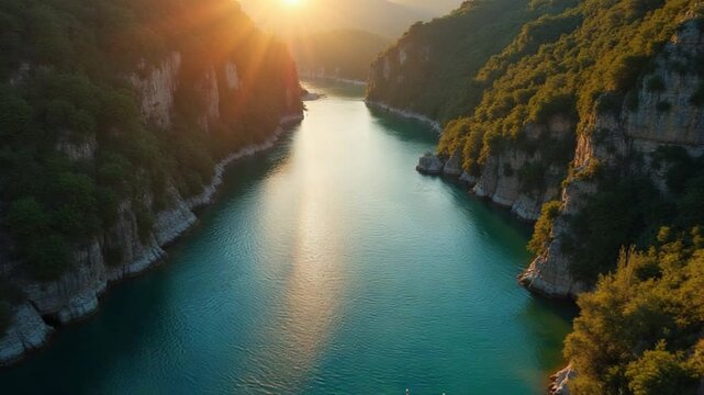 Drone Shot of Sunlit Waters in Serene Canyon