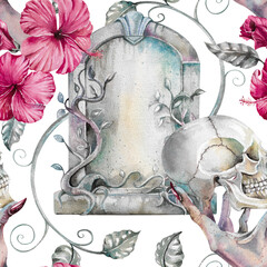 Vintage tombstone, Scary witch hand holding human skull, dark pink hibiscus flowers hand drawn watercolor illustration Isolated on white. Horrible seamless pattern for gloomy, spooky halloween design