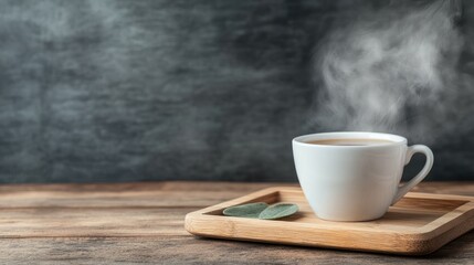 Steaming cup of coffee or tea on wooden tray with minimalist dark background