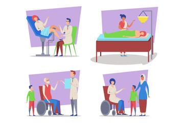 Healthcare practitioners engaged with patients in various scenarios, showcasing routine medical procedures and therapeutic interactions. Compassionate care and support concept