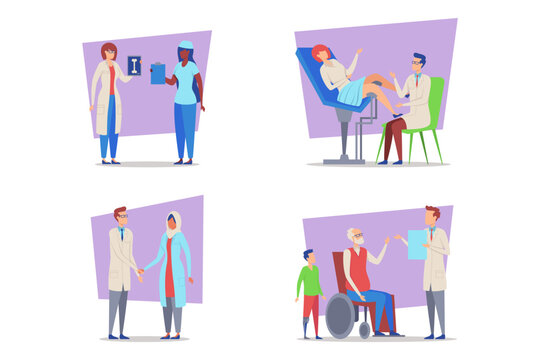 Healthcare providers collaborating in various scenarios, including consultations, examinations, and patient support, showcasing range of medical services in dynamic environment