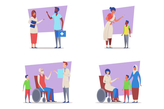 Healthcare professionals engaged with patients in various scenarios, showcasing communication in medical environments. Concept of importance of healthcare access and support