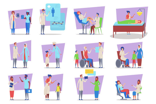 Collection of illustrations depicting various healthcare professionals interacting with patients in different settings. Activities including consultations, treatments, and health assessments