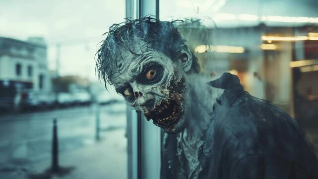 Decaying zombie pressing against glass pane, growling menacingly while peering through window at desolate urban landscape, capturing post apocalyptic horror atmosphere of abandoned city street