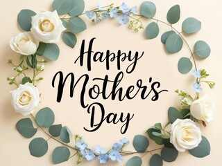 banner with the inscription Happy Mother's Day and white roses and blue flower 2