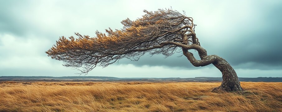 A resilient tree bends in the wind yet stands strong, symbolizing perseverance and resilience in nature's face.