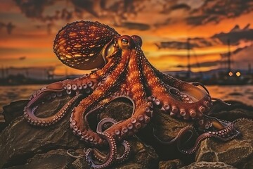 Obraz premium The Intelligent Eyes of a Giant Octopus are Visible as it Camouflages Against Rocks on the Seabed