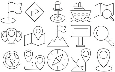 Map and Navigation Icon Set. Editable Vector Outlines of GPS, Routes, Pins and Destinations