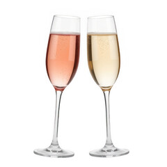 Elegant Flutes of Rose and White Sparkling Wine on White Background
