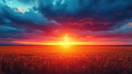 Fototapeta premium Fiery Sunset over Golden Wheat Field