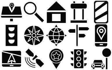 Map and Navigation Icon Set. Editable Vector Outlines of GPS, Routes, Pins and Destinations