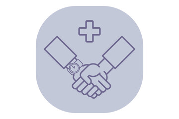 Line drawing of two hands shaking, representing collaboration in medical field, healthcare cross symbol above. Health partnerships concept
