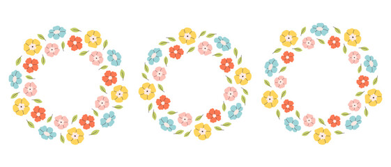 Floral simple circle frame. Hand drawn botanical round border, floral wreath, laurel. Design for invitation, card, banner, logo. Vector illustration in flat style