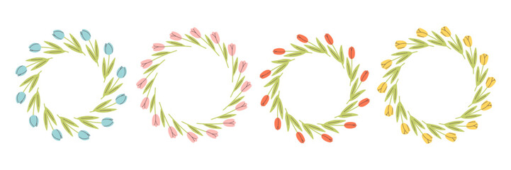 Floral simple circle frame. Hand drawn botanical round border, floral wreath, laurel. Design for invitation, card, banner, logo. Vector illustration in flat style