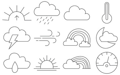 Weather Icon Set – Flat and Line Style Vector Symbols of Sun, Cloud, Rain, and Snow