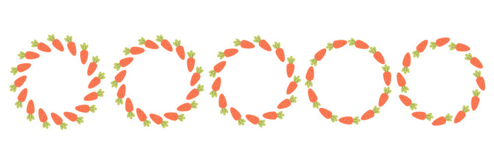Simple circle frame with carrots. Hand drawn carrot round border, wreath. Design for invitation, card, banner, logo. Vector illustration in flat style