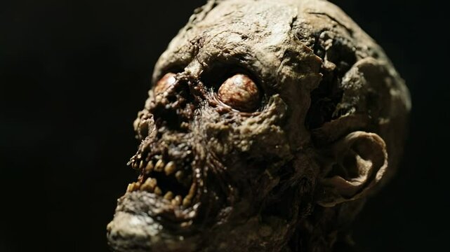 Decaying zombie head featuring grotesque details, highlighting rotting flesh and exposed bone against stark black background for horror themed visual narratives