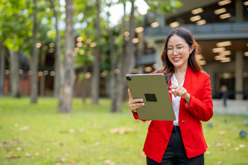 Fototapeta premium Asian businesswoman standing in front of modern business building and using tablet to work.