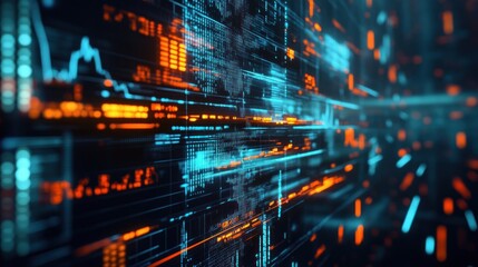 Obraz premium Abstract digital data stream with glowing lines, numbers, and graphs, representing global network and financial market.