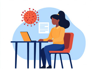 A woman works on her laptop at a desk, with a depiction of the coronavirus floating nearby, representing remote work during the pandemic.