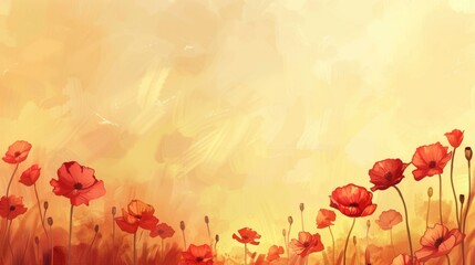Fototapeta premium Red poppies field background at sunset with golden sky and warm color palette
