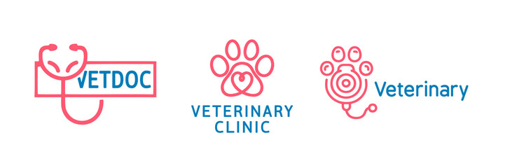 Veterinary clinic logo designs featuring paw and stethoscope elements