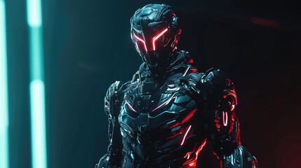 Futuristic robot warrior in a dark, vibrant environment.