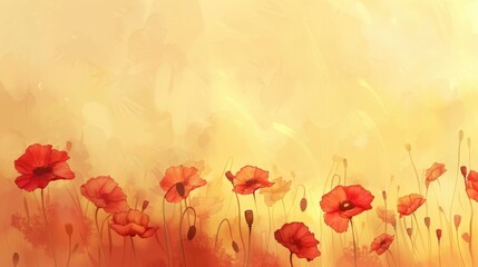 Fototapeta premium Red poppies field background at sunset with golden sky and warm color palette