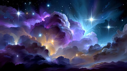 Obraz premium Vibrant cosmic clouds illuminated by starlight, showcasing a stunning celestial scene with swirling colors and ethereal light, creating a sense of wonder and tranquility in the universe